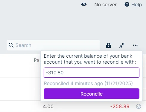 Image of reconcile box with no bank sync